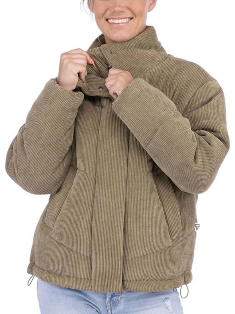 LIV Outdoor Corduroy Puffer Jacket | Olive Green Oversized Quilted Coat | Medium